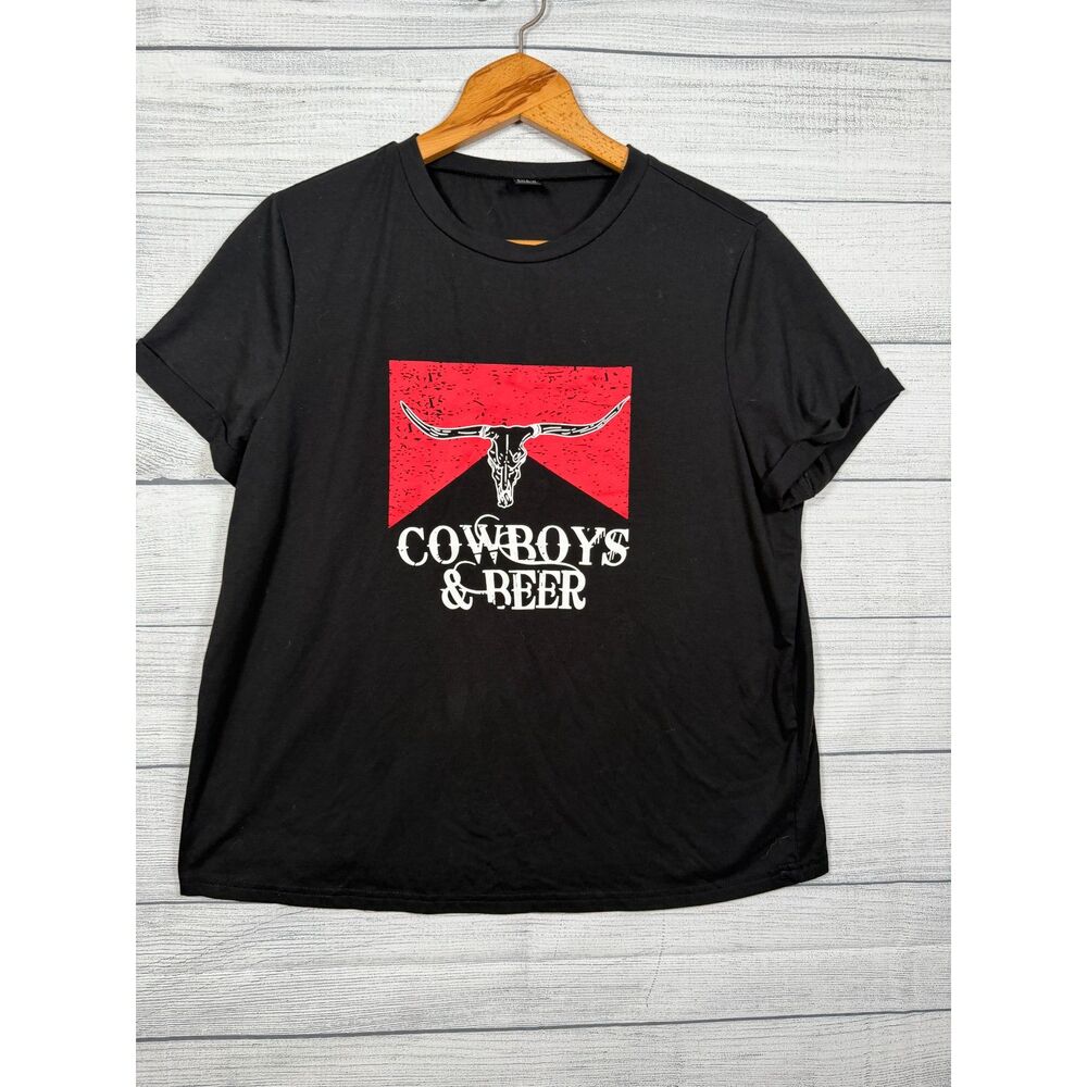 SHEIN Women's Large Black Cowboys & Beer Bull Skull Graphic T-Shirt 4622
